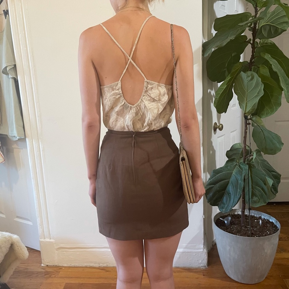 Vintage Brown Linen Lined High Waisted A-Line Mini Skirt - Size Small / 4 - Picture 8 of 16